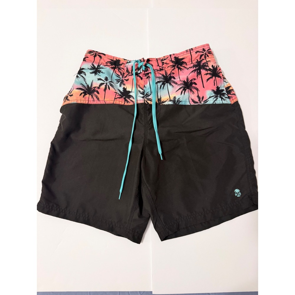 Island Inspired Resortwear Mens Palm Tree Sunset Swim Trunks Black Small